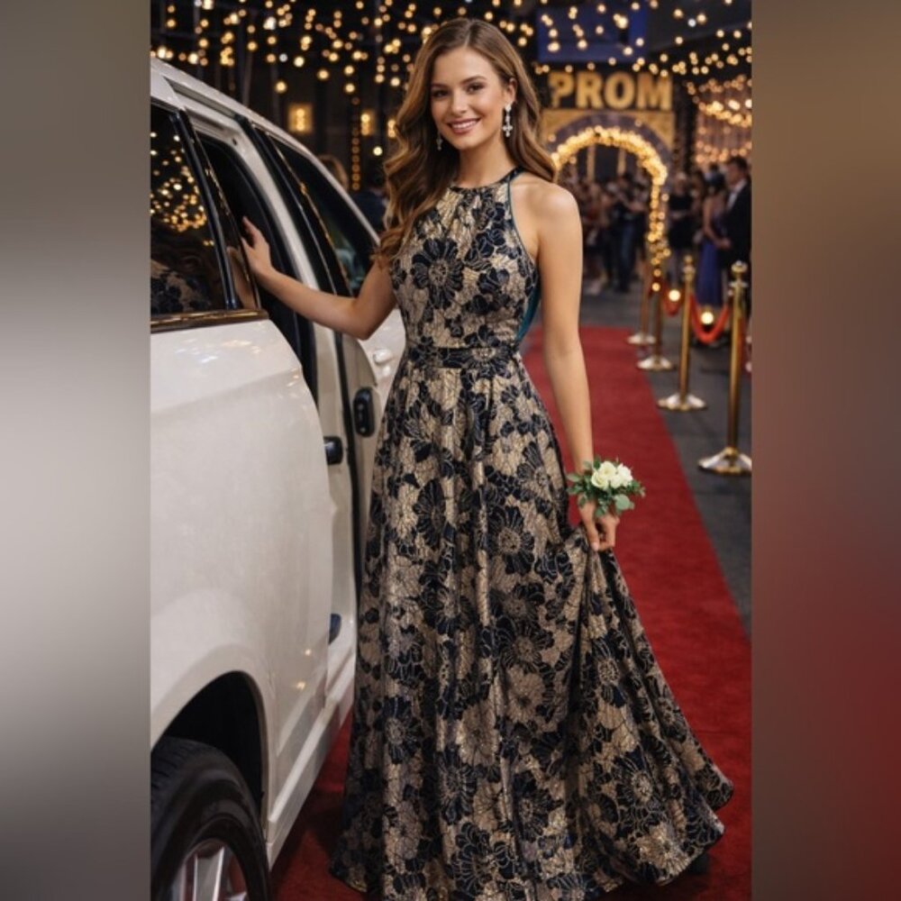 Betsy & Adam Metallic Gold Teal Floral Halter Maxi Prom Gala Wedding Guest dress